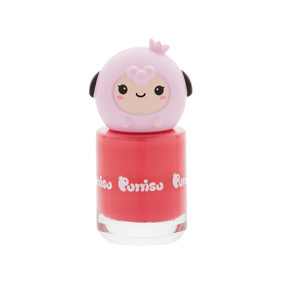 Nail polish bottle with pink cartoon lamb cap.