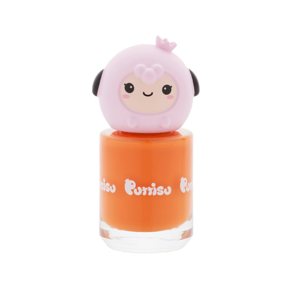 Orange nail polish with pink sheep character on top.
