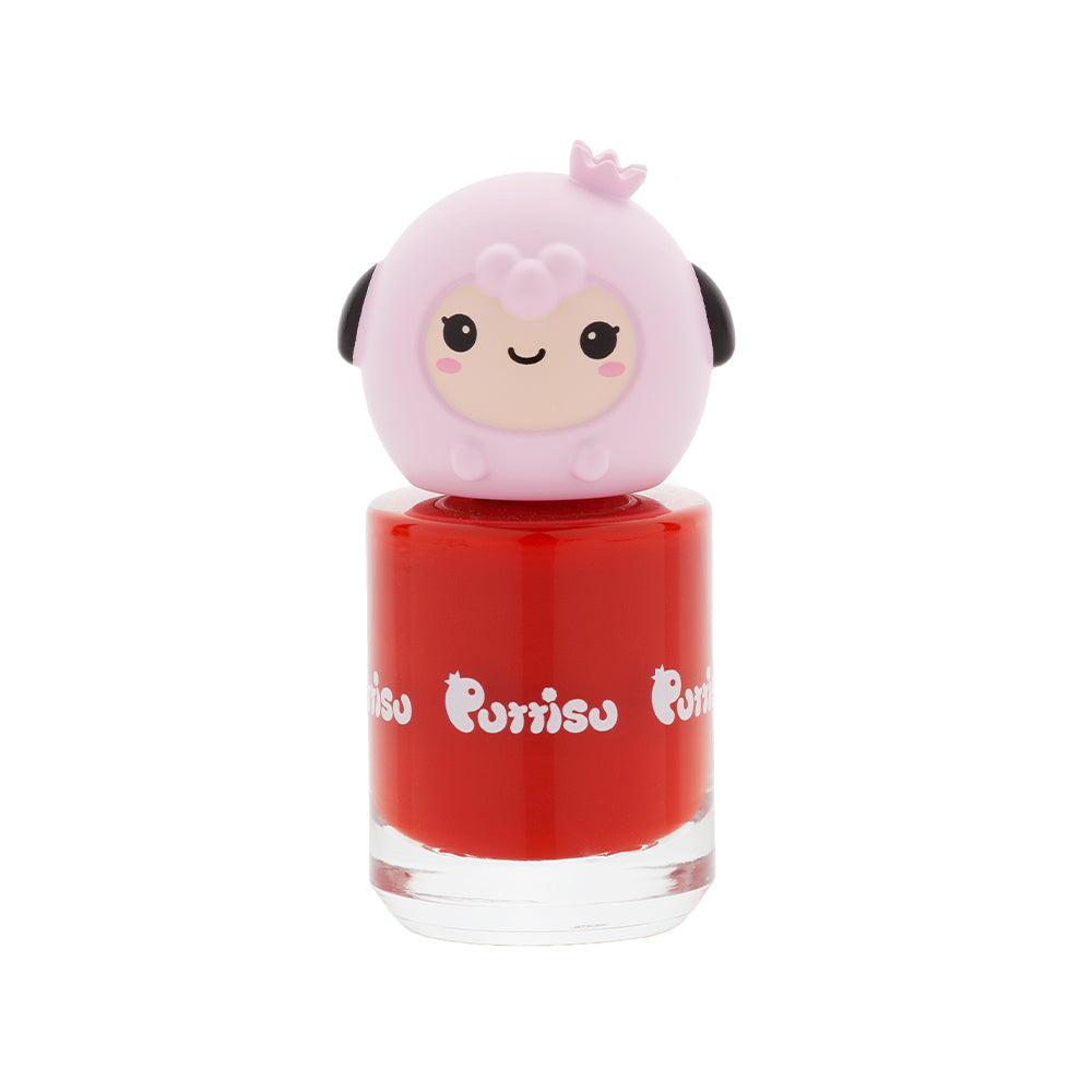 Red nail polish bottle with a pink lamb character on top.