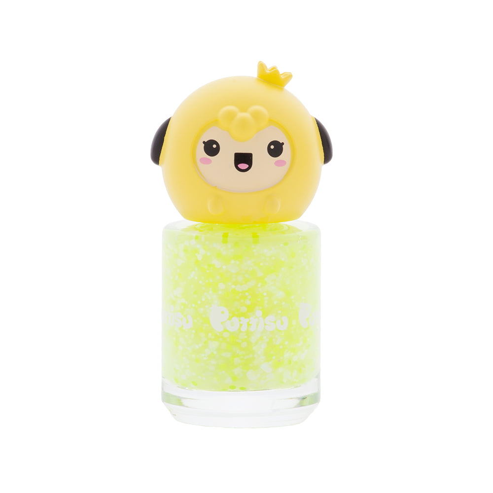 Bottle of neon yellow nail polish with cartoon character lid.