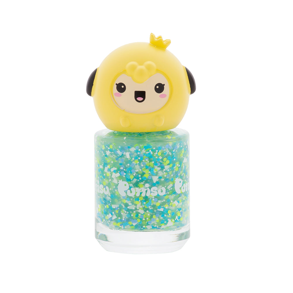 A bottle of glittery green and blue nail polish with a yellow cartoon character on top.