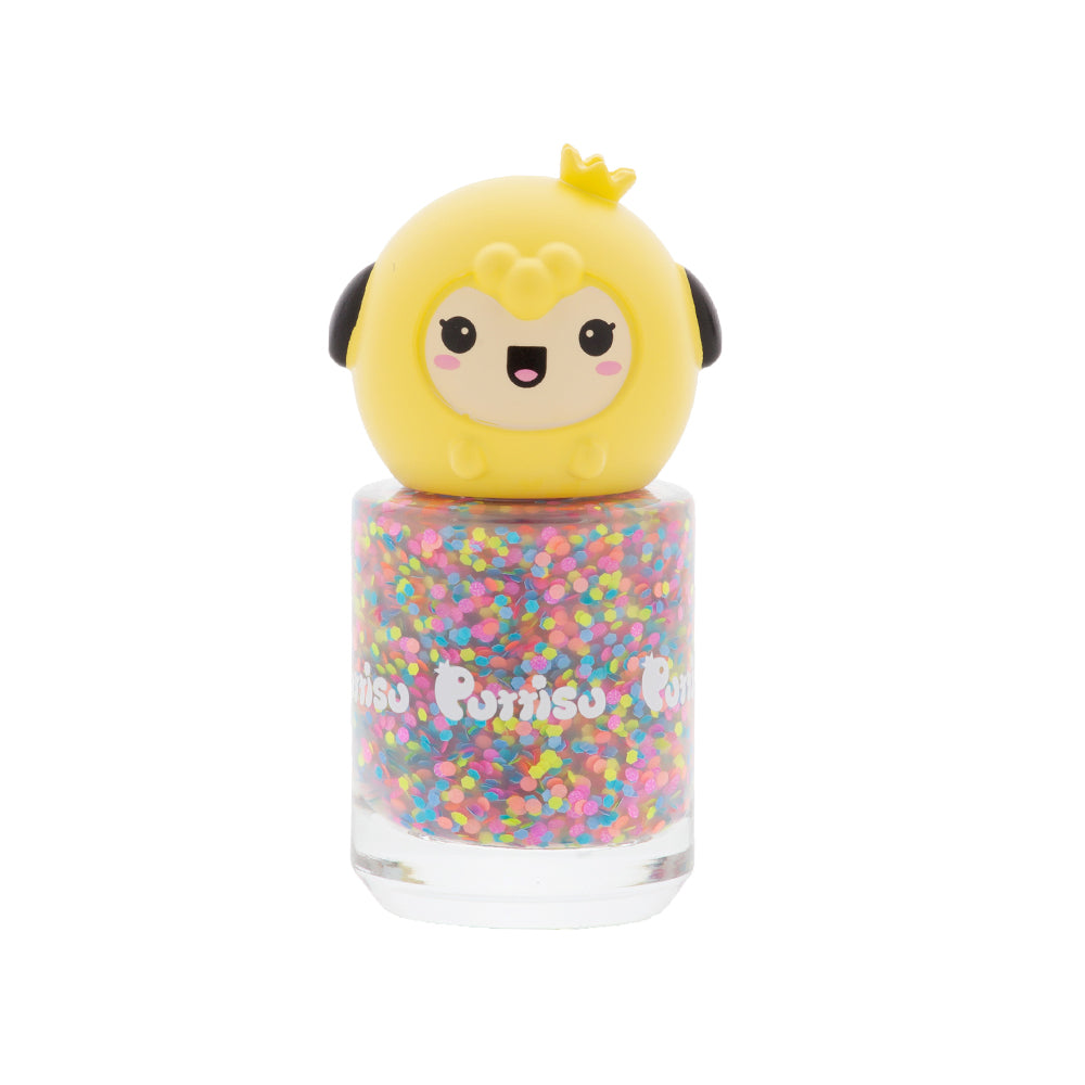 A nail polish bottle with a yellow cartoon sheep topper filled with multi-colored glitter.