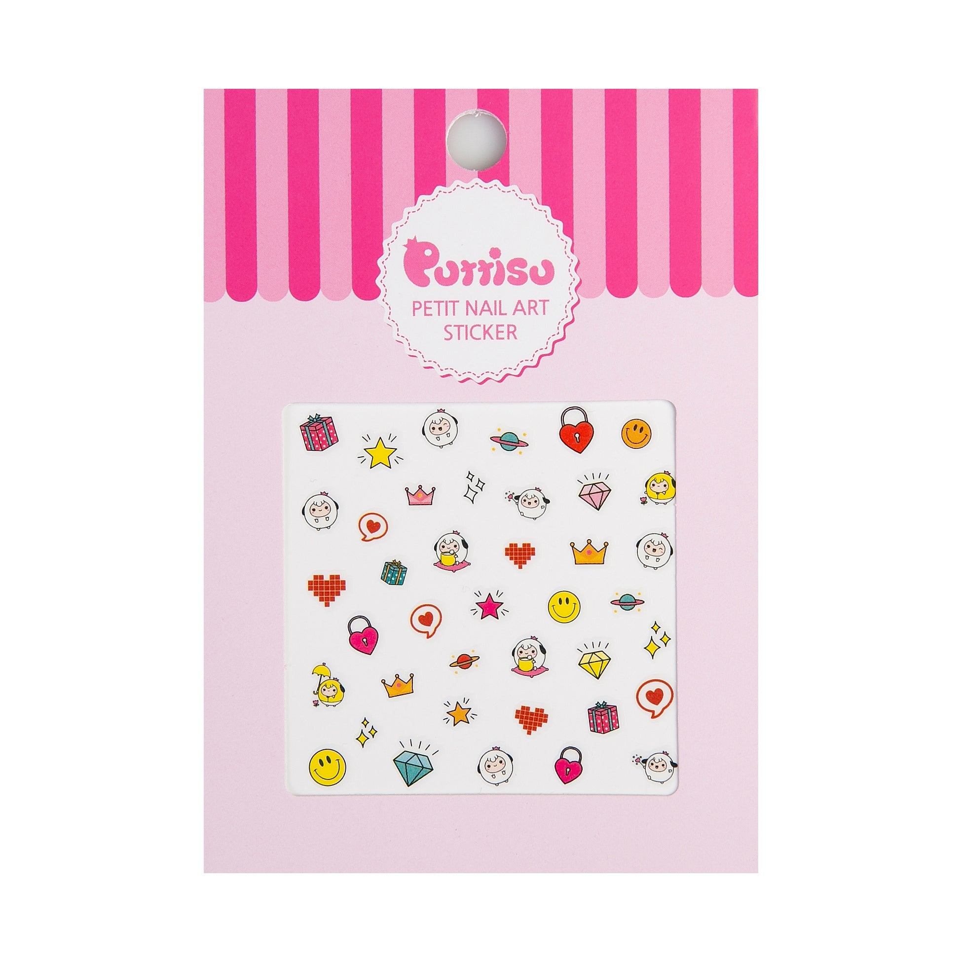 Package of "Purriso" brand petit nail art stickers. The stickers are various kawaii designs. The packaging is pink with stripes.