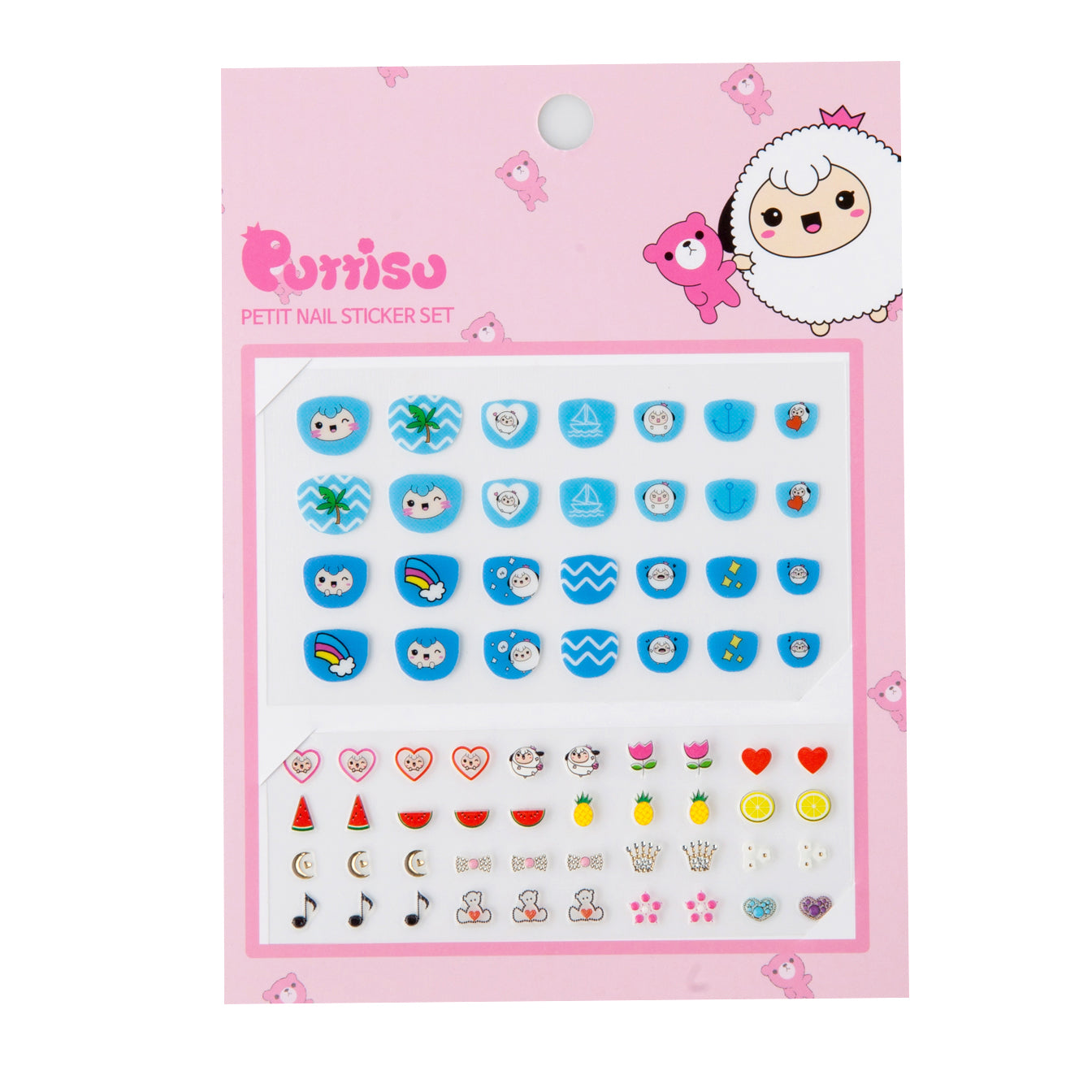 Pink package of "Purriso" brand nail stickers with colorful designs including palm trees, sailboats, rainbows, hearts, animals, fruit, musical notes, bows, and crowns.