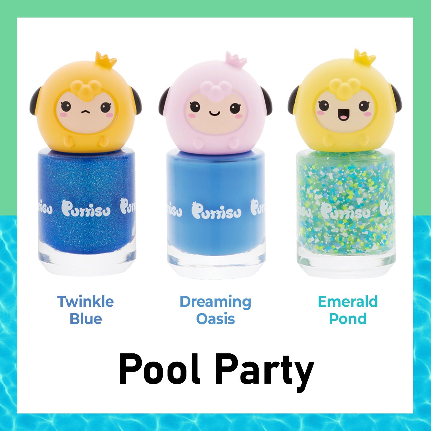 Three bottles of glittery nail polish with cartoon animal caps.