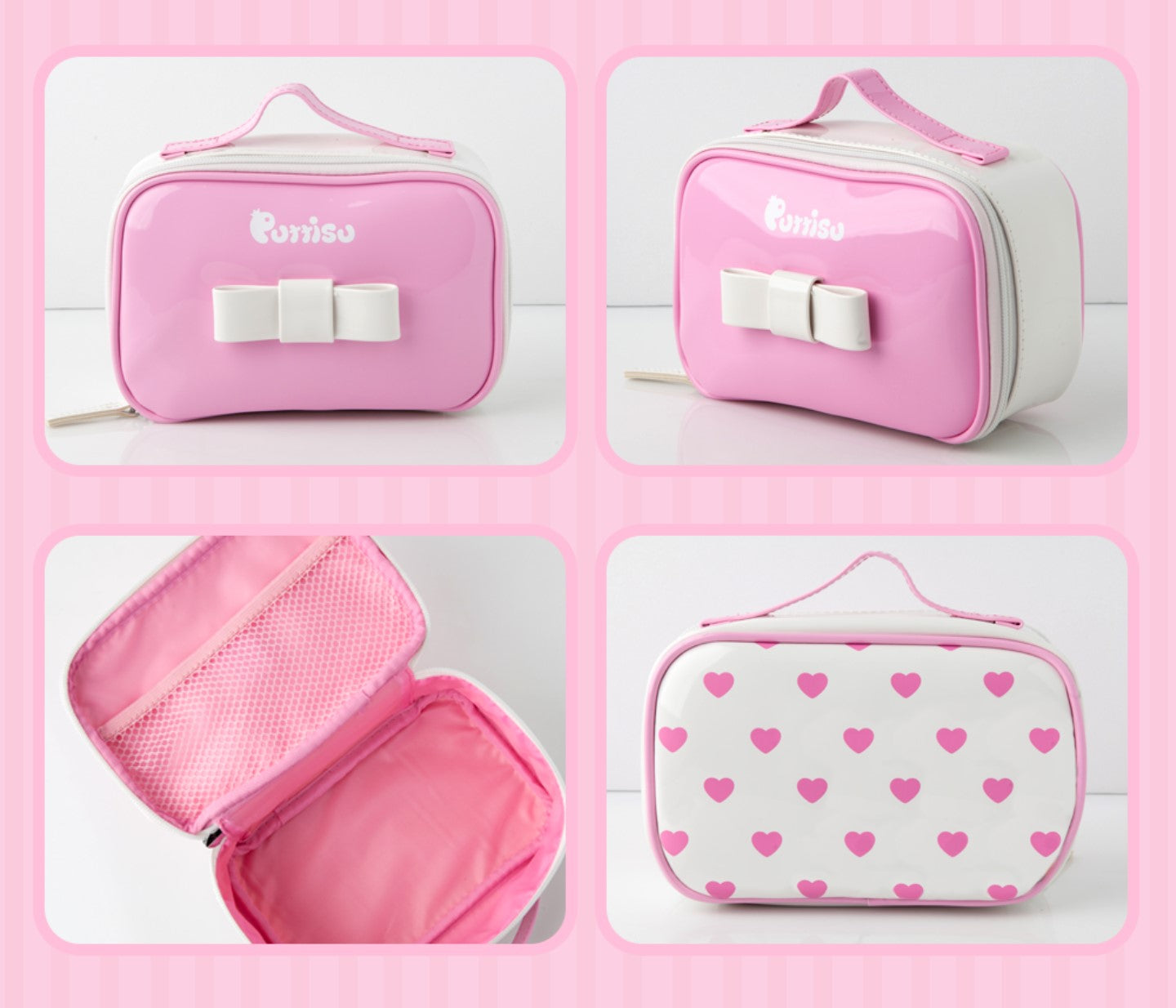 Collage of pink and white makeup bag with bow and hearts.