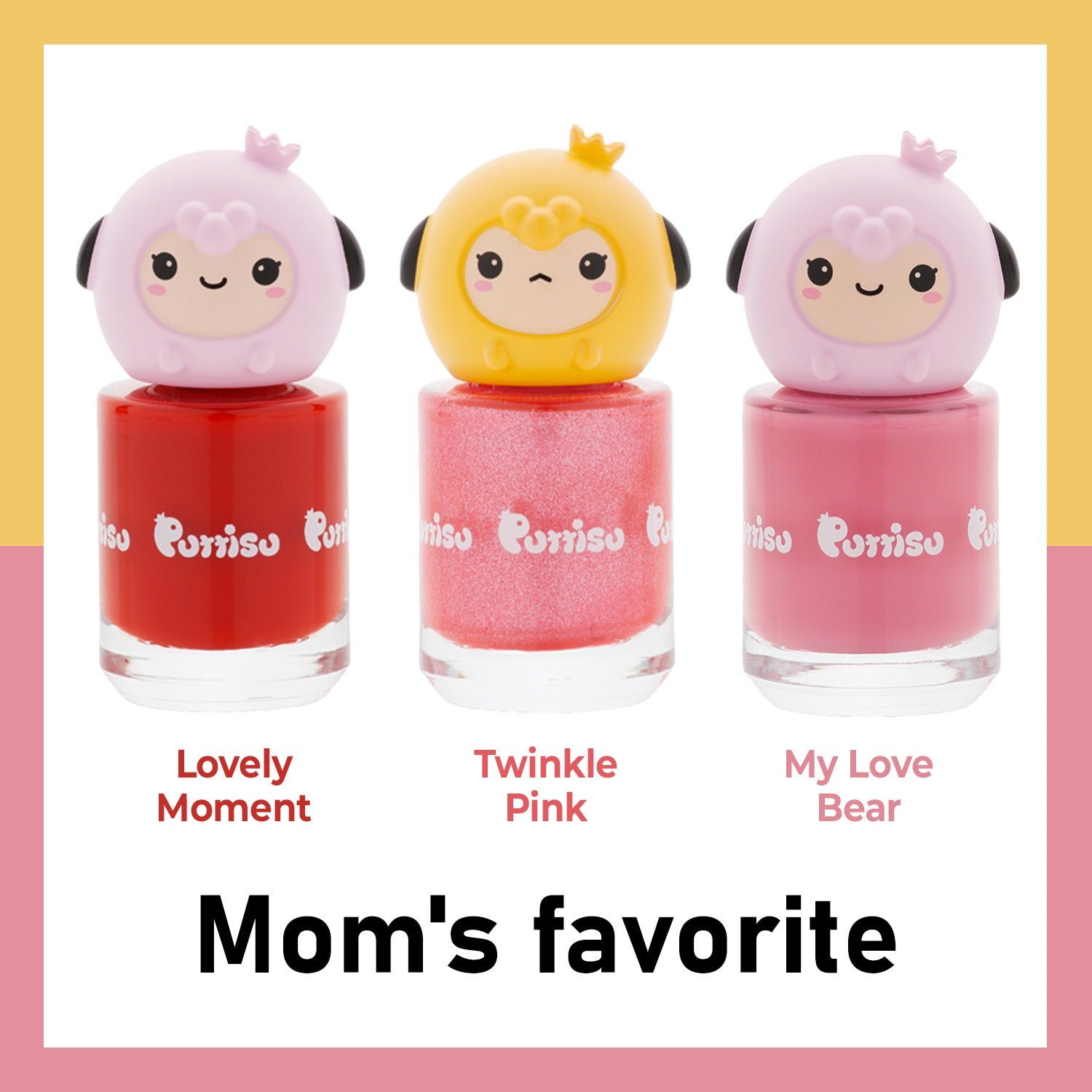 Three bottles of nail polish with cartoon animal toppers in red, pink glitter, and light pink.