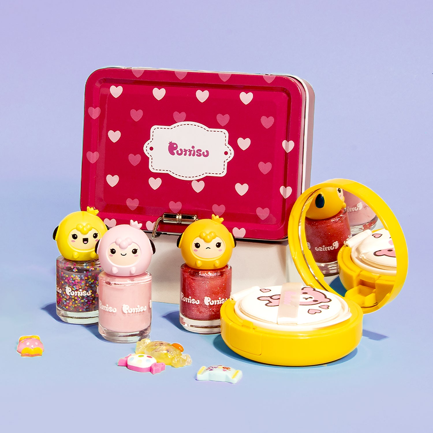 Makeup kit with nail polish, mirror, and compact in bright colors.