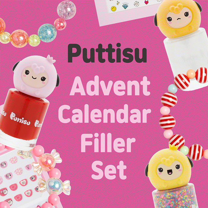 Close-up product image of a "Puttsu Advent Calendar Filler Set" featuring colorful beads, nail polish bottles with sheep-themed caps, and decorative stickers on a pink background.