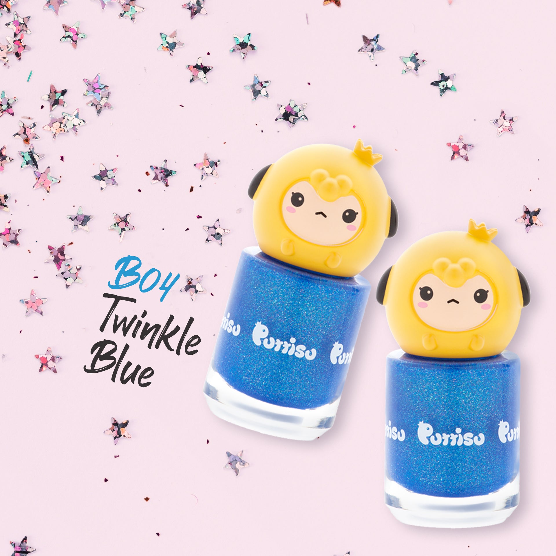 Two bottles of sparkly blue nail polish with yellow, crown-wearing, cartoon-style chick lids, scattered star-shaped confetti, and product text on a pink background.