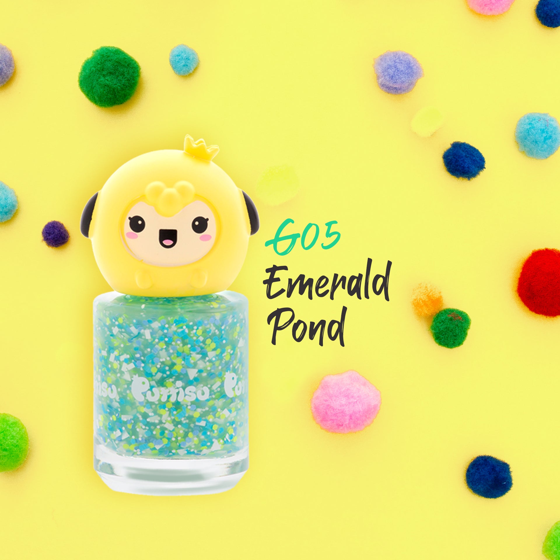 Yellow nail polish bottle with cute character topper on yellow background with colorful pom poms.