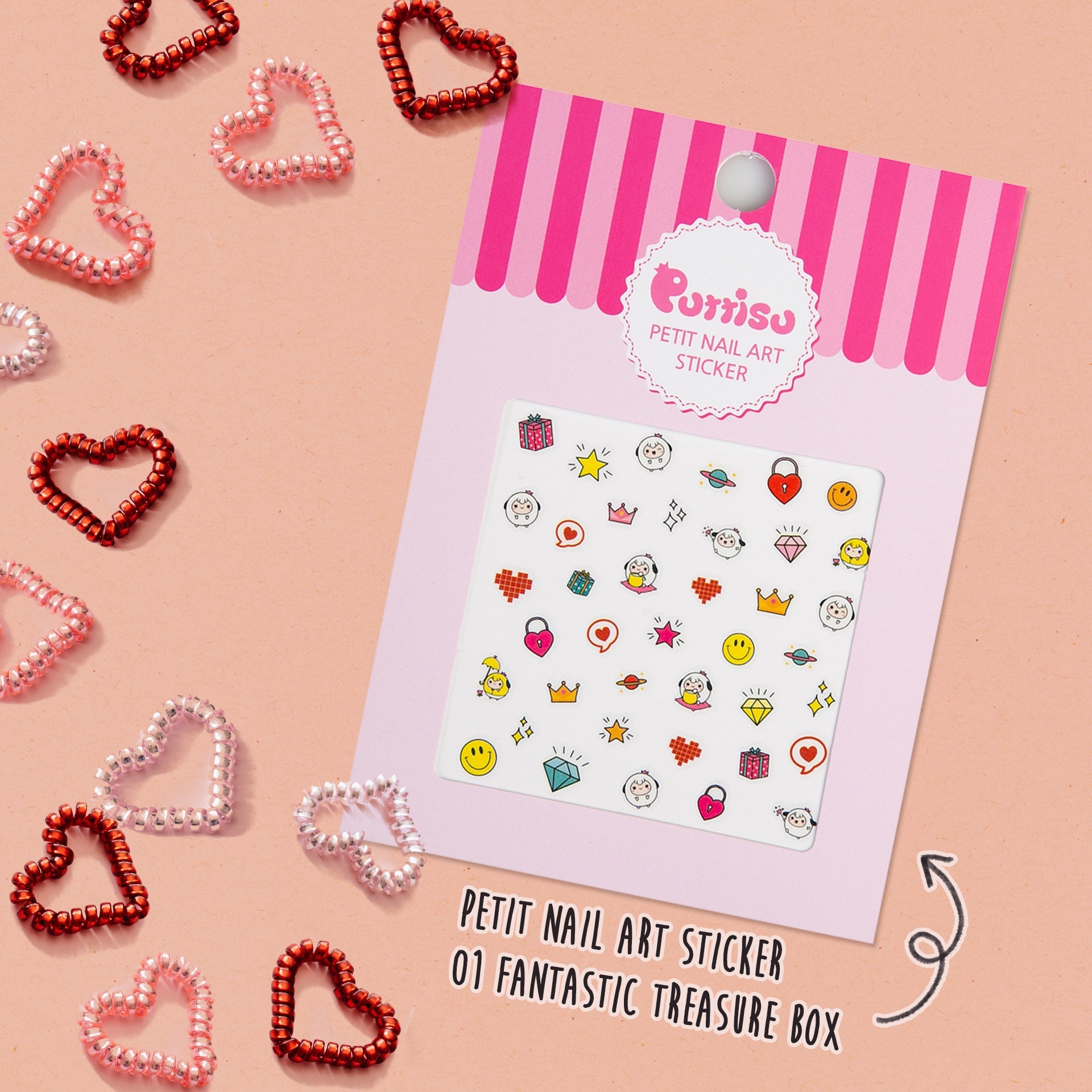 Pink and white striped product packaging for "Purrisu Petit Nail Art Sticker 01 Fantastic Treasure Box" with nail stickers on a white sheet, surrounded by pink, silver, and red heart-shaped beaded bracelets on a peach background.