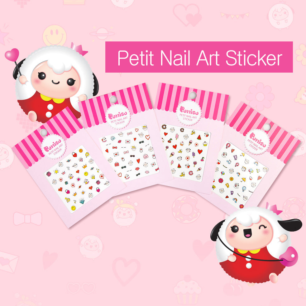 Product shot featuring four "Purriso Petit Nail Art Sticker" packs with pink striped packaging, arranged with two animated characters against a pink background with faint decorative patterns.