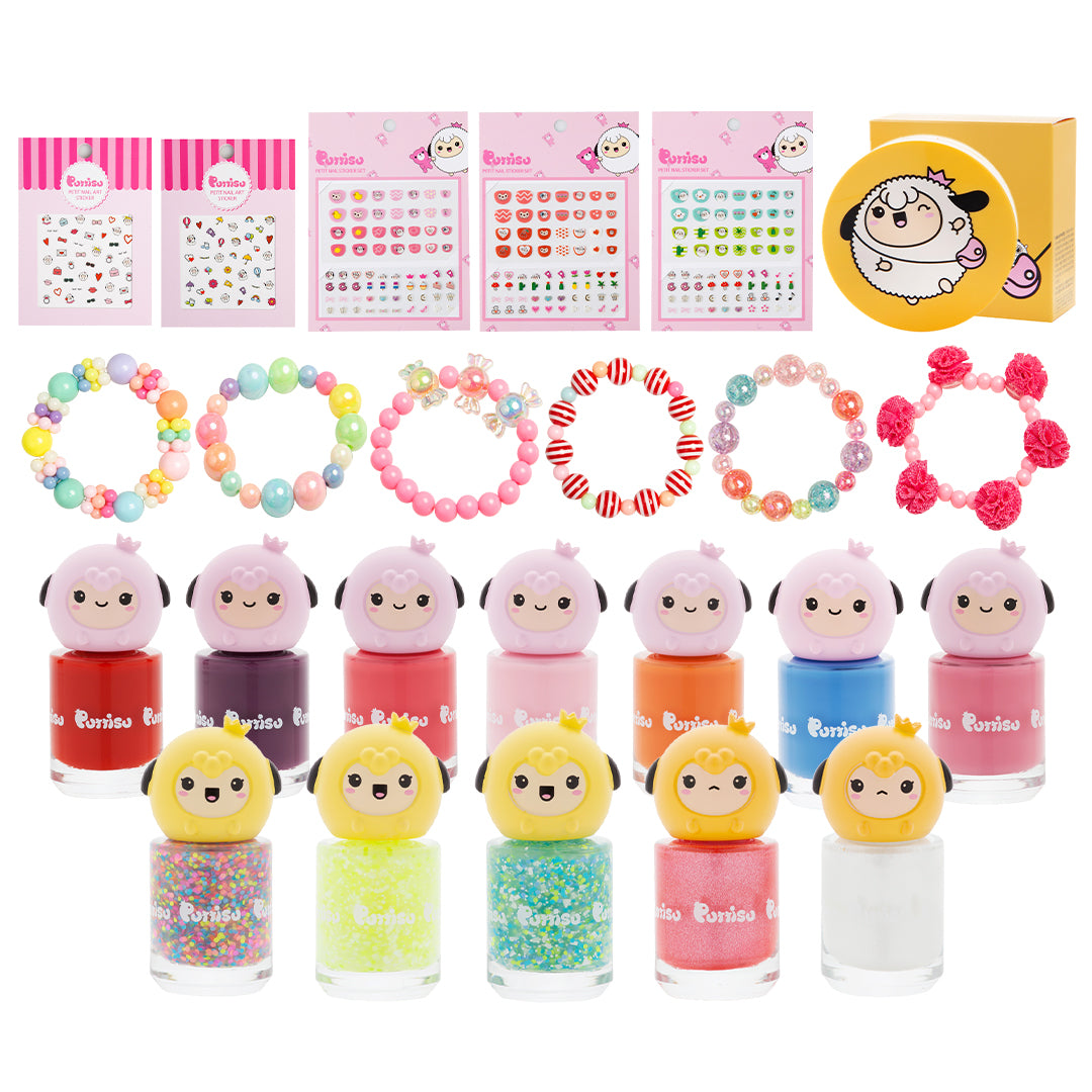Here is a possible alt tag for the image:
Assortment of children's nail polish bottles with sheep-shaped caps, colorful beaded bracelets, and nail sticker sets.