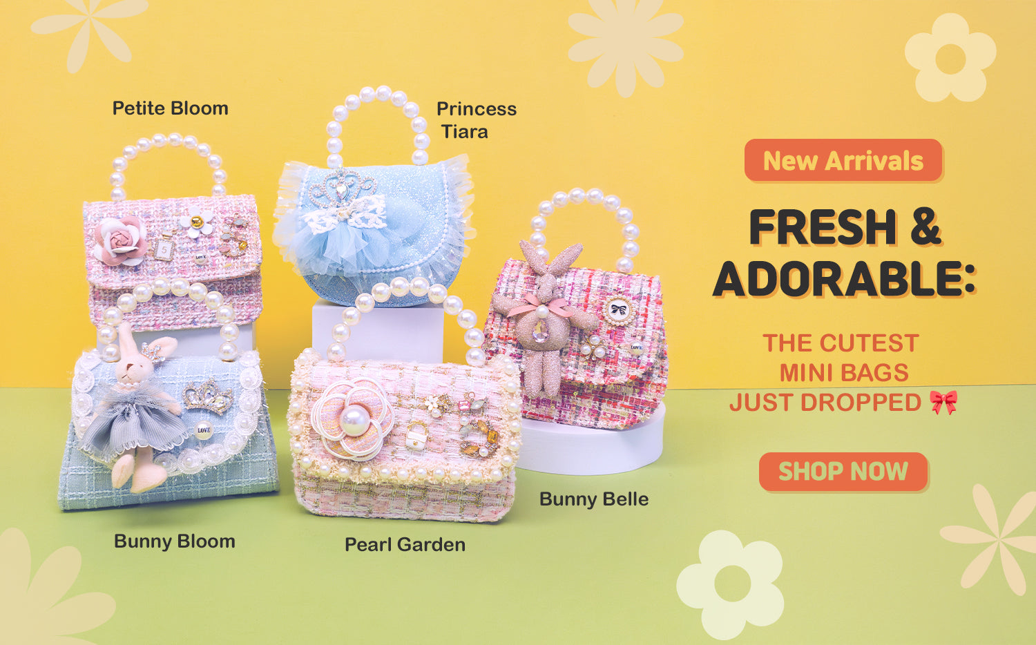 Promotional image of Puttisu mini bags in cute pastel designs with pearl handles, including Petite Bloom, Princess Tiara, Bunny Bloom, Pearl Garden, and Bunny Belle, displayed against a colorful yellow and green background.