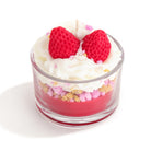 Jellycup dessert cup soy wax candle with strawberry detail, in a clear glass container.