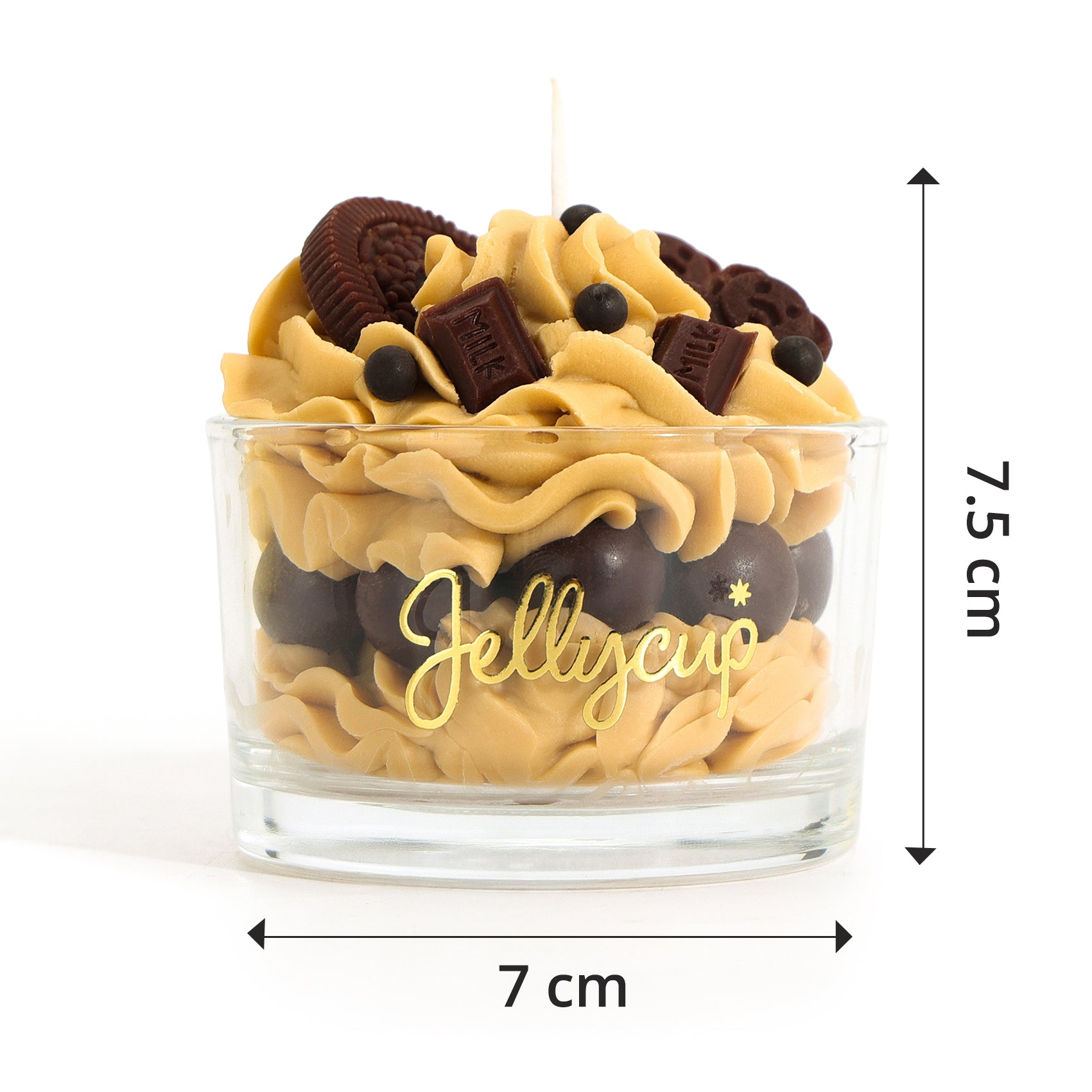 Jellycup dessert cup soy wax candle with chocolate cookie crunch, with brown and tan layers and chocolate toppings.