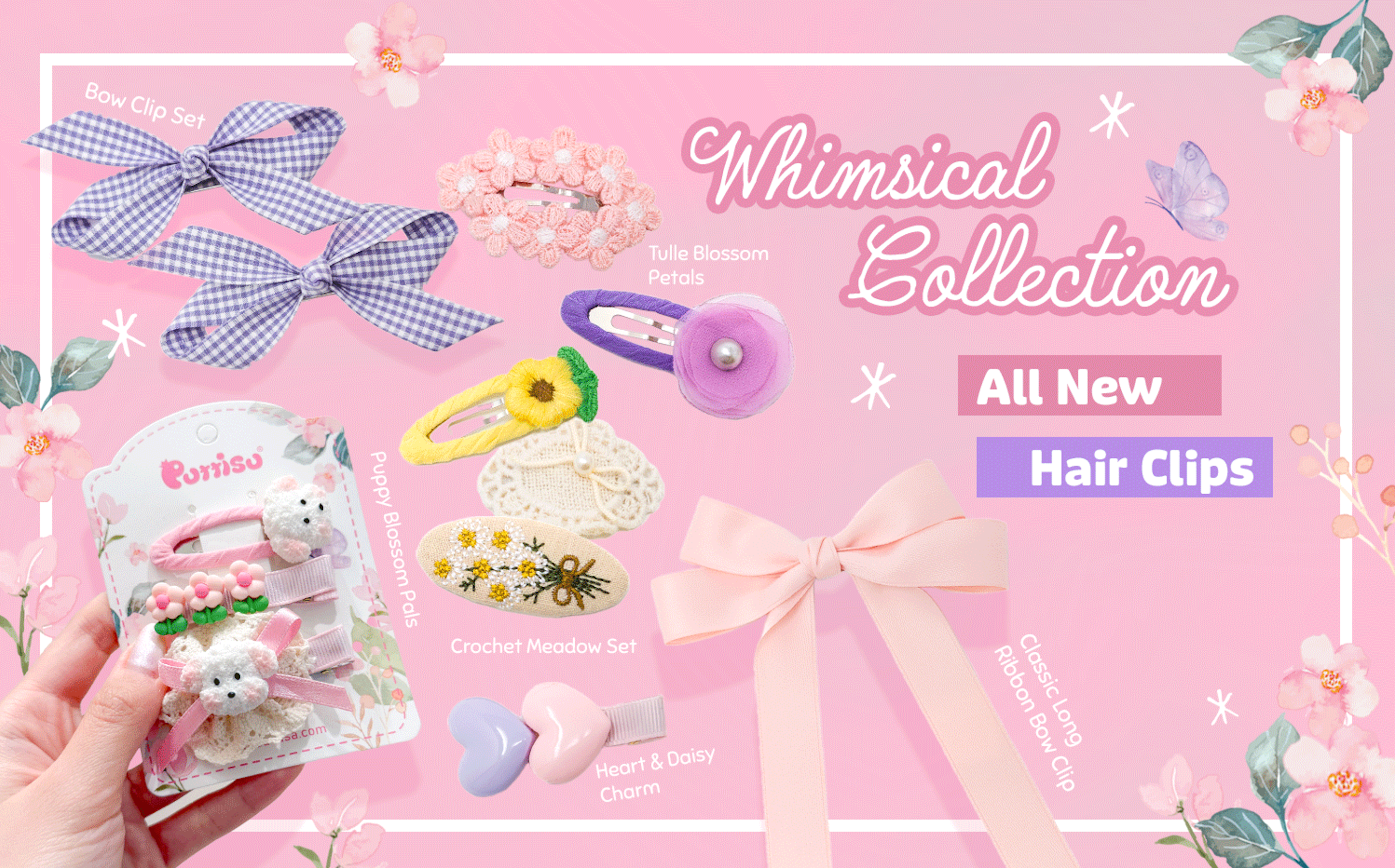 Collection of hair clips on a pink background with 'Whimsical Collection' text.