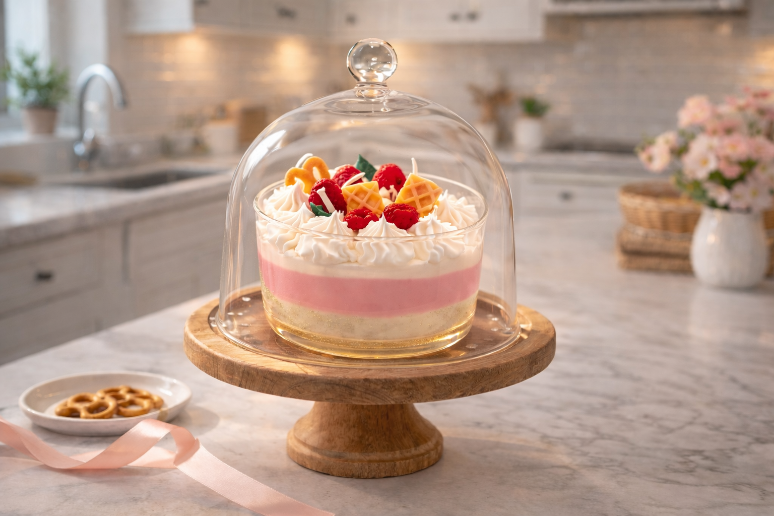Vanilla berry cream Jellycup Cake Soy Wax Candle by unknown vendor, displayed on a wooden cake stand, with decorative toppings.