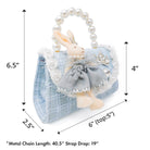 Puttisu Bunny Bloom - powder blue. Decorative handbag with a rabbit figure, pearl handle, and decorative elements shown with measurements on a white background.
