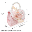 Puttisu Bunny Bloom - rose milk. Decorative handbag with a rabbit figure, pearl handle, and decorative elements with measurements on a white background