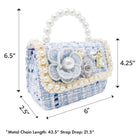 Puttisu Pearl Garden Blue Hydrangea. Decorative handbag with pearls, flowers, and decorative elements, shown with measurements on a white background.