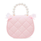 Puttisu Princess Tiara Fairy Pink. Pink handbag with lace details and a pearl handle on a white background
