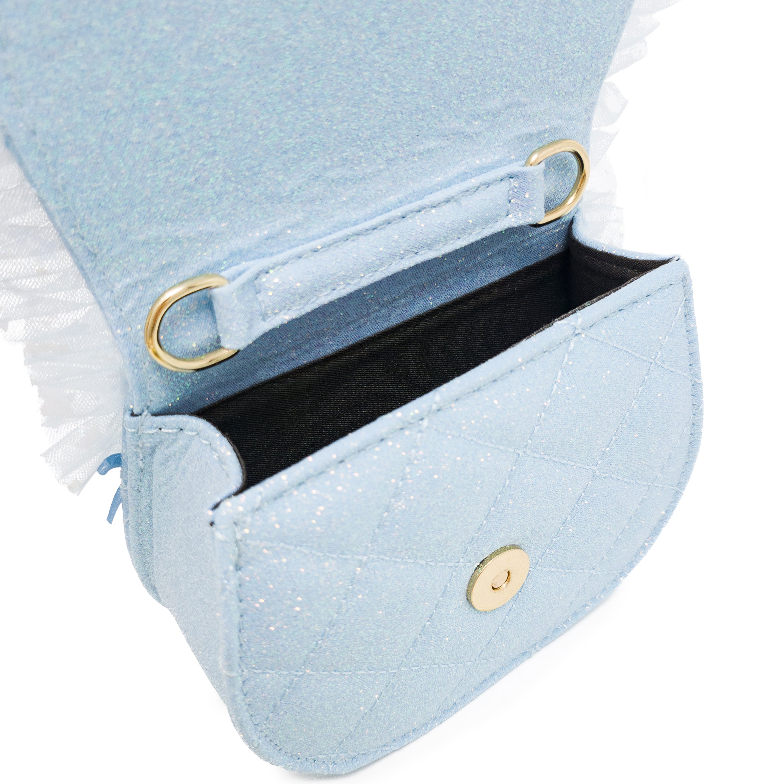 Puttisu Princess Tiara Ice Blue Sparkle. Close-up of a blue glittery handbag with gold hardware on a white background