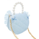 Puttisu Princess Tiara Ice Blue Sparkle. Blue handbag with a gold chain and pearl handle on a white background