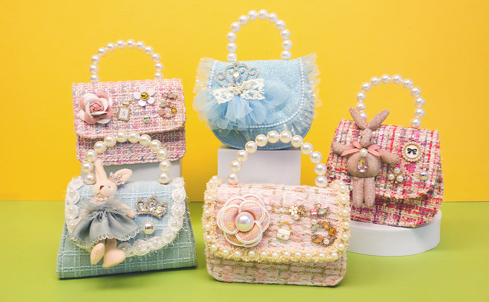 Four decorative handbags with embellishments on a yellow and green background