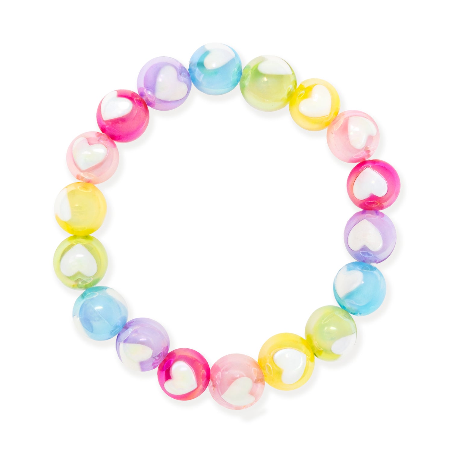 Colorful beaded bracelet with heart patterns on a white background