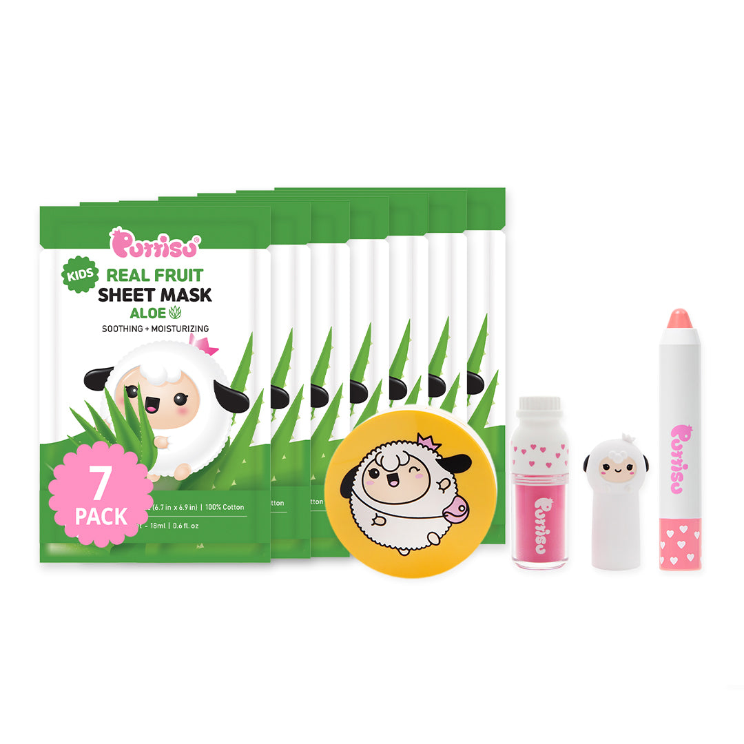 Kids Real Fruit Sheet Mask packaging with  Puttisu sun cushion, lip gloss, and lip crayon on white backgroound