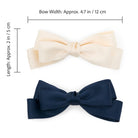 Large Satin Double Bow Clip Set in ivory and navy, each measuring 4.7 inches wide and 2 inches long.