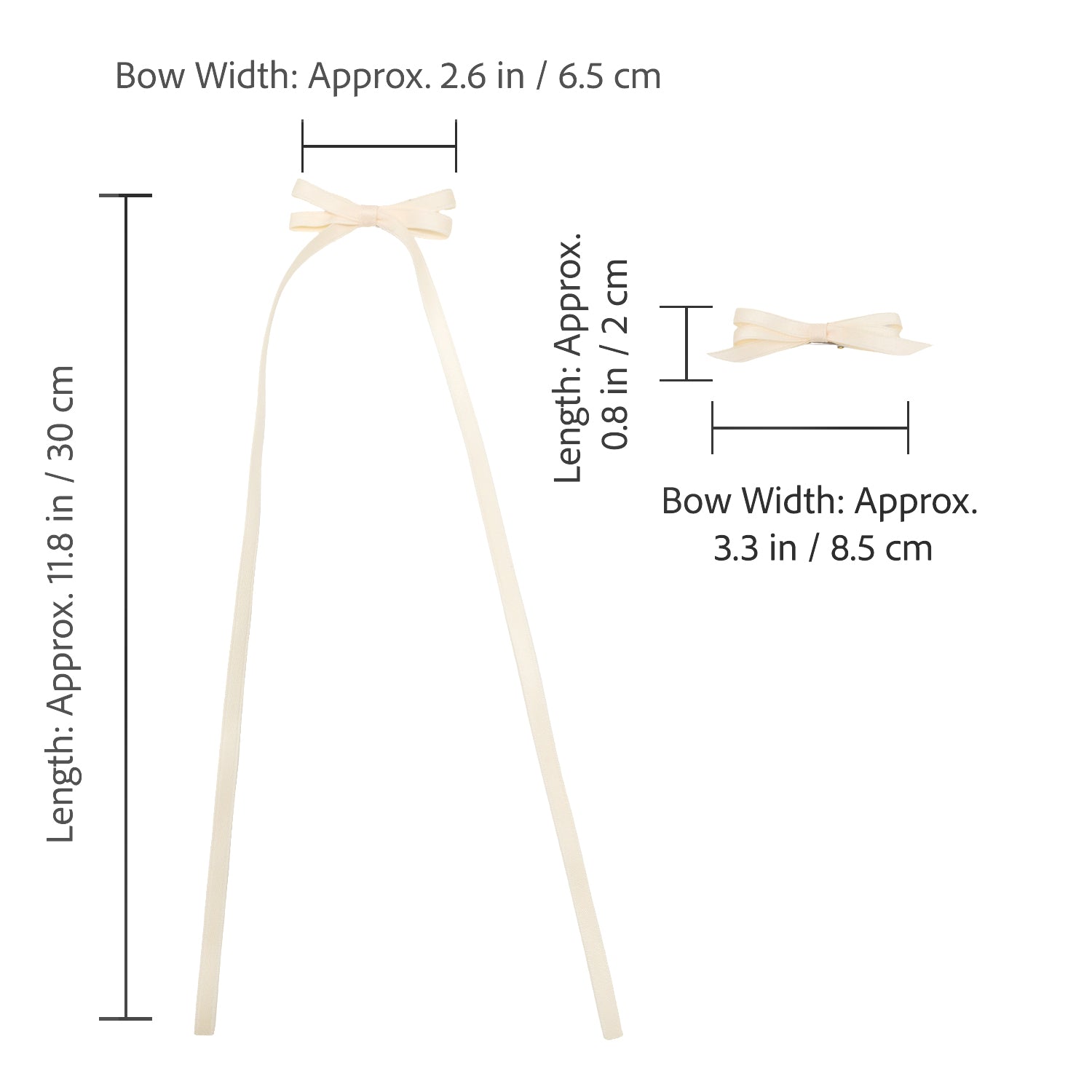 Ivory ribbon bow set, displaying a long bow with flowing ribbons and a smaller bow hair clip, all with dimensions.