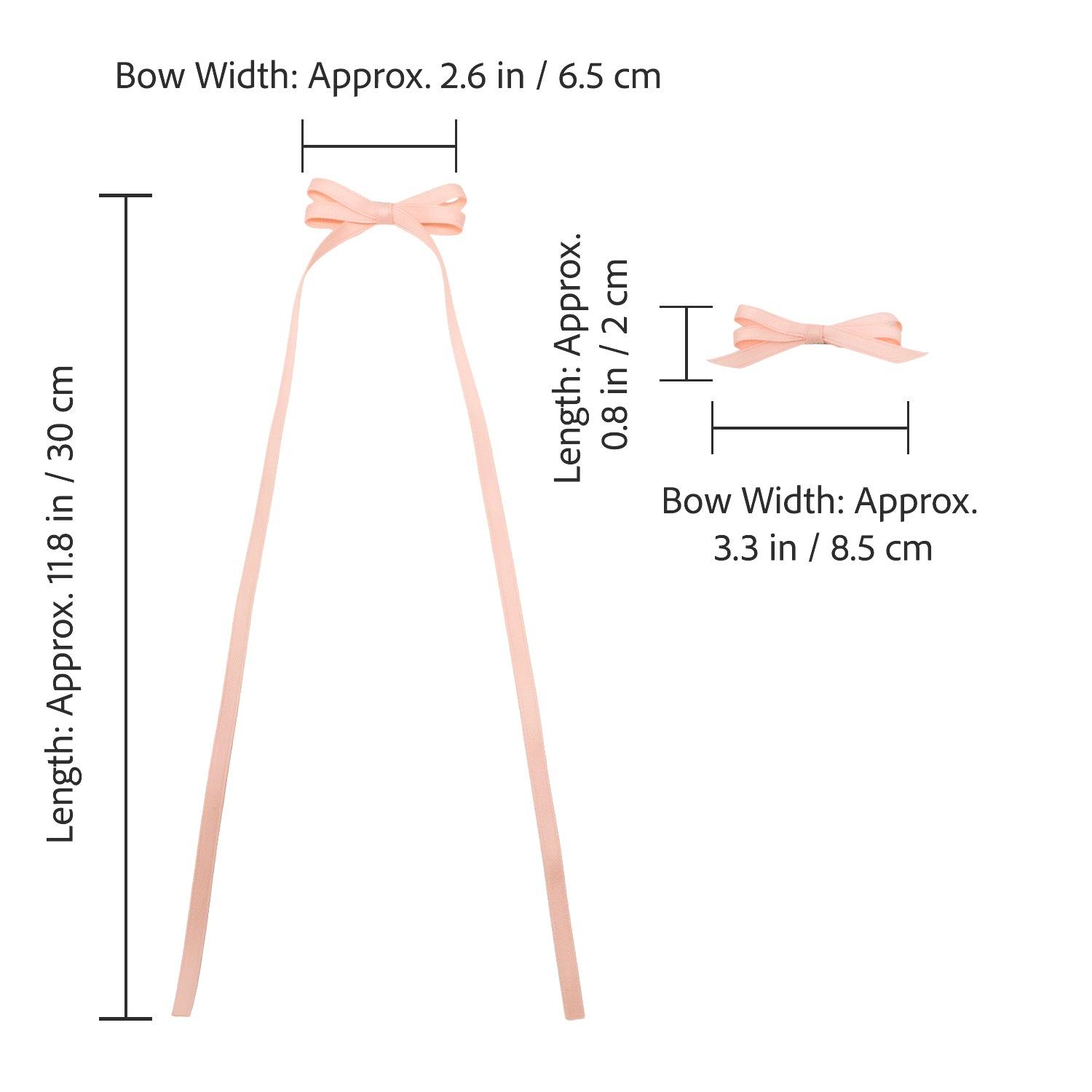 Light pink ribbon bow clip set featuring one large bow with long ribbons and a smaller bow, all with visible dimensions.