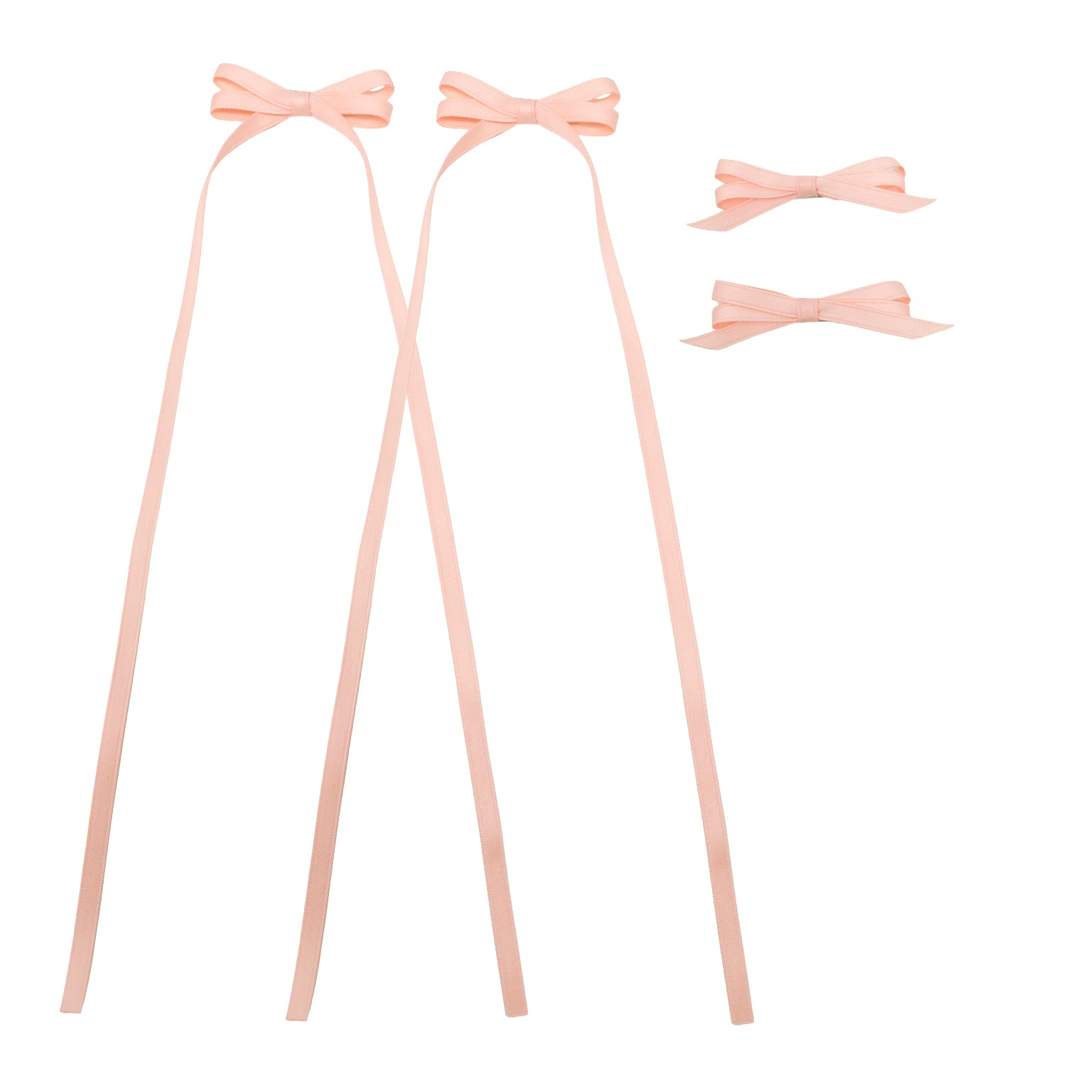 Light pink ribbon bow clip set featuring two bows with long trailing ribbons and two smaller bows.