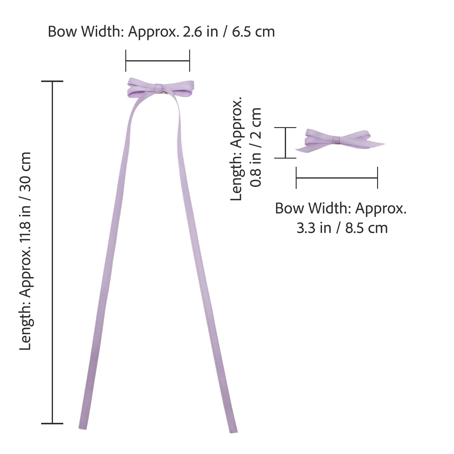 Lavender ribbon bow clip set featuring one large bow with long ribbons and one smaller, compact bow.