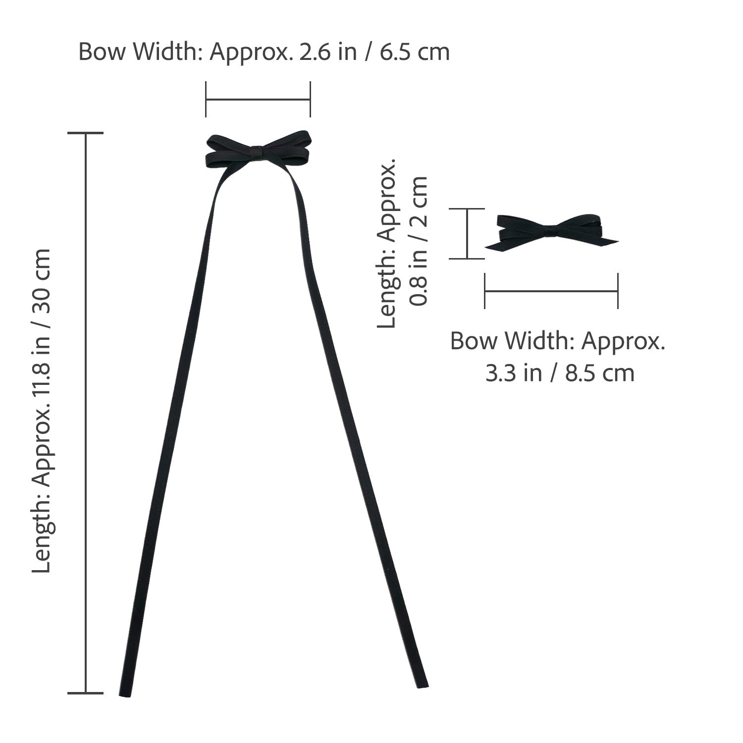 Ribbon Bow Clip Set in black, showing two distinct styles of bows with dimensions.