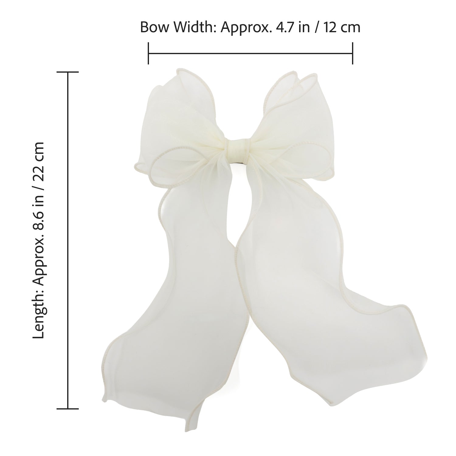 Large off-white organza bow clip with long, flowing tails, measuring approximately 4.7 by 8.6 inches.