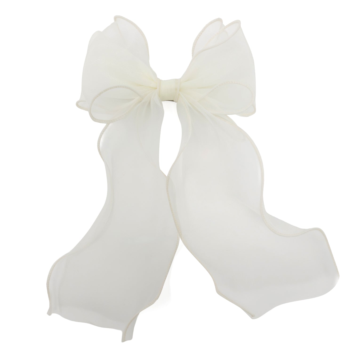 Ivory organza large bow clip with long, flowing sheer tails and visible wire-edged trim.