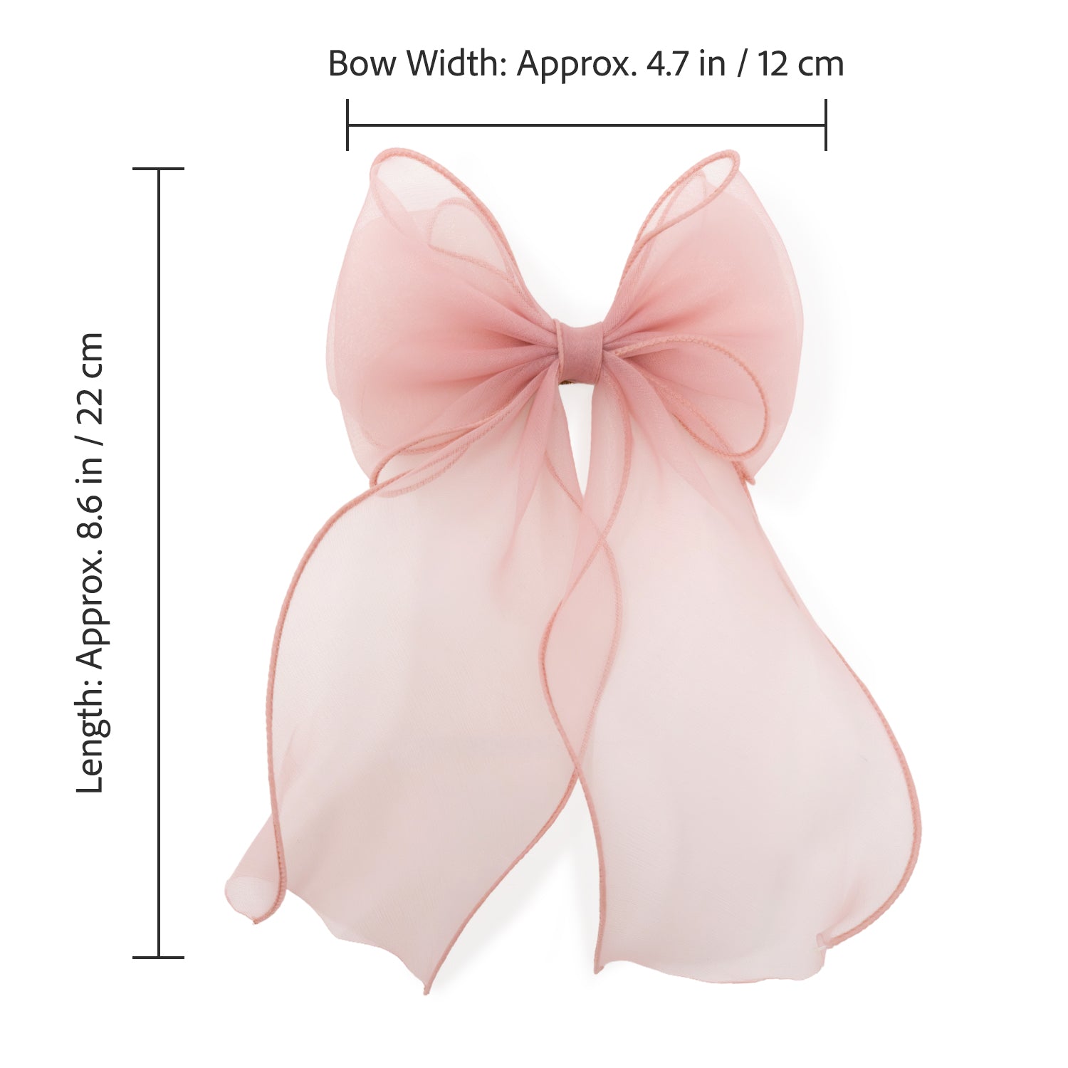 Large pink organza bow clip with sheer, flowing tails and visible measurement details.