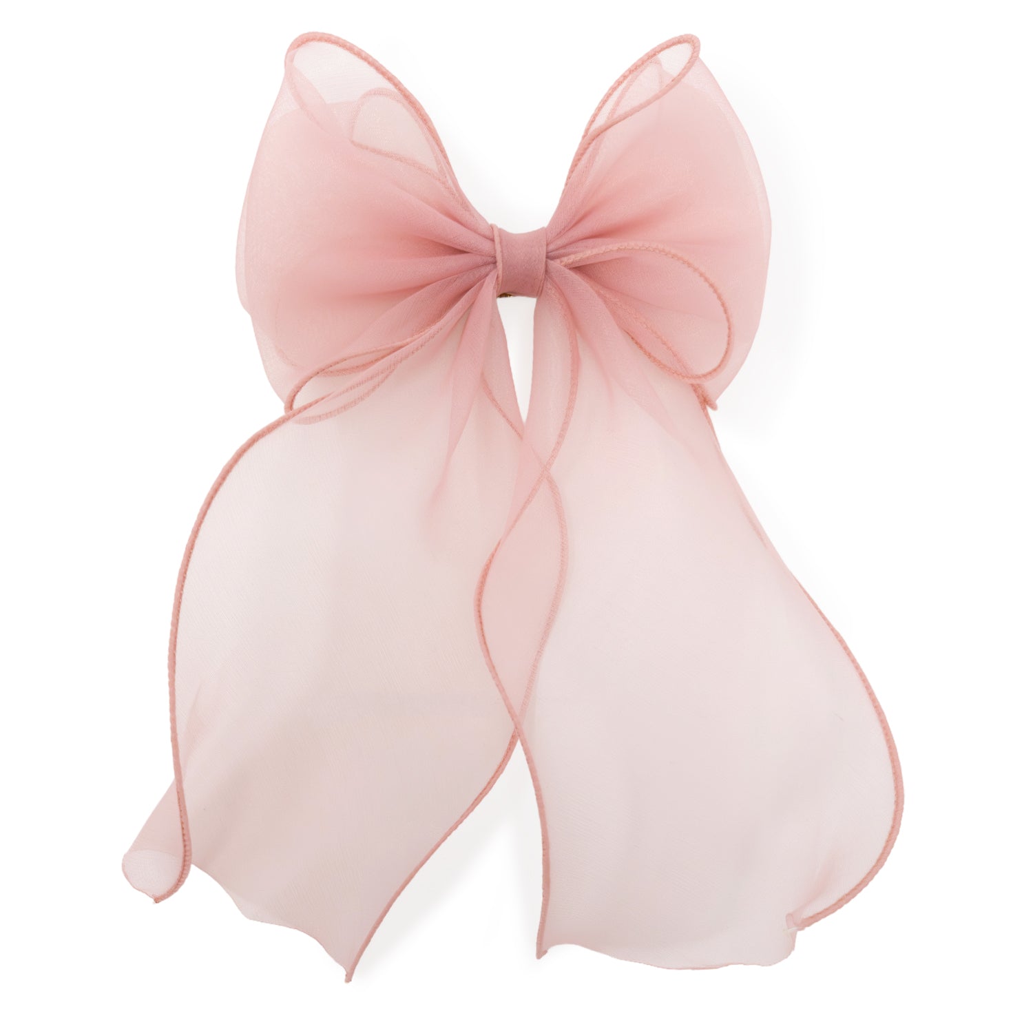 Pink organza large bow clip with sheer, delicate fabric forming wide loops and flowing tails.