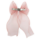 Large organza bow clip in pale pink with a silver barrette embossed with 'CLIP PARIS', back view.