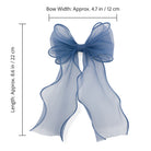 Blue organza large bow clip, sheer with long wavy tails, measuring approx. 8.6 in / 22 cm long and 4.7 in / 12 cm wide.