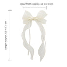 Cream organza double ribbon clip tied into a bow with long, wavy tails, measuring 3.9 inches wide and 8.3 inches long.