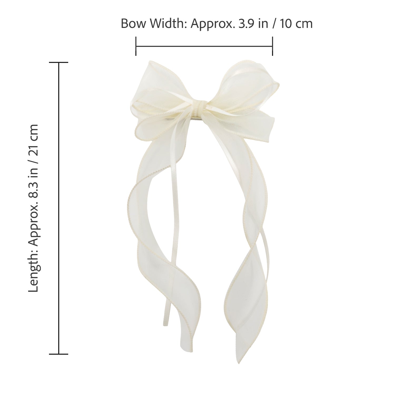 Cream organza double ribbon clip tied into a bow with long, wavy tails, measuring 3.9 inches wide and 8.3 inches long.