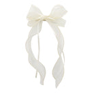 Sheer ivory organza double ribbon clip, tied into a delicate bow with long, wavy tails, isolated on a white background.