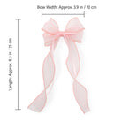 Pink sheer organza double ribbon clip, tied as a bow with long flowing tails, measuring approximately 3.9 inches wide and 8.3 inches long.