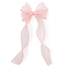 Pink sheer organza double ribbon clip tied in a bow with long flowing tails.