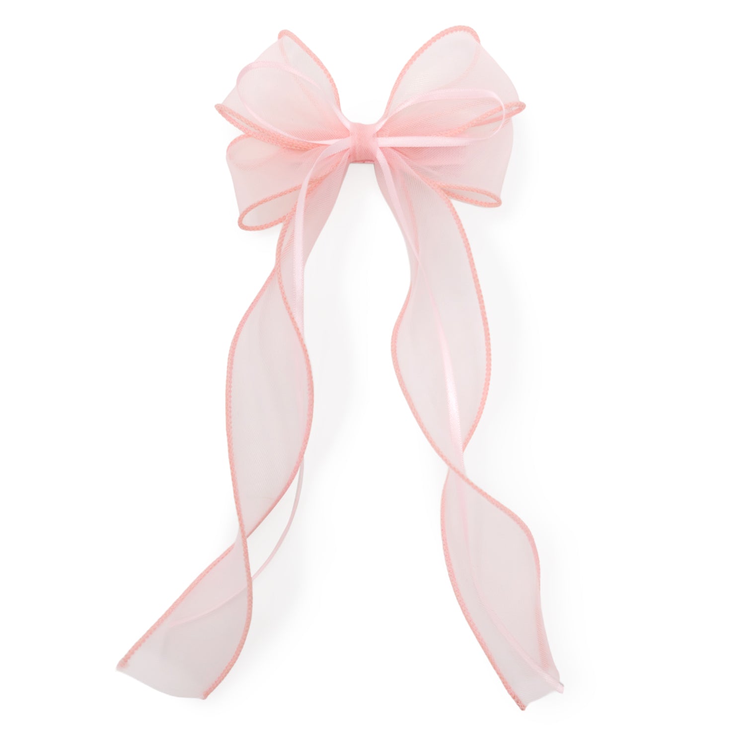 Pink sheer organza double ribbon clip tied in a bow with long flowing tails.
